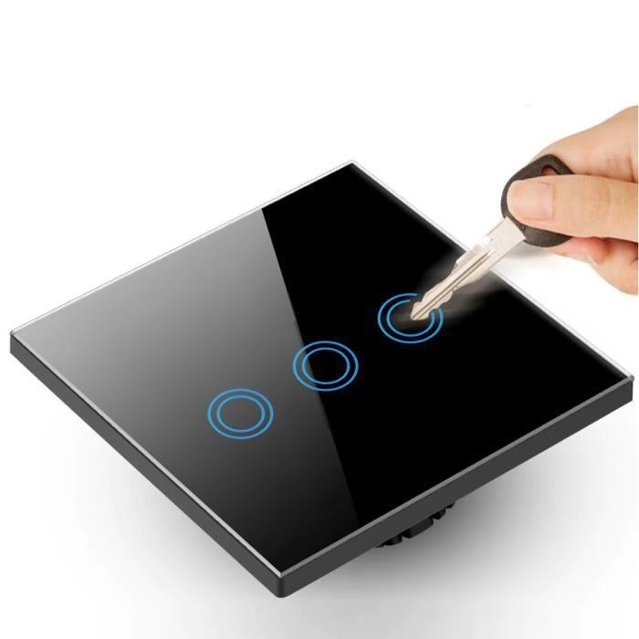 Interrupteur d'éclairage - maclean - tactile led - verre noir - 3 boutons - 1000w max