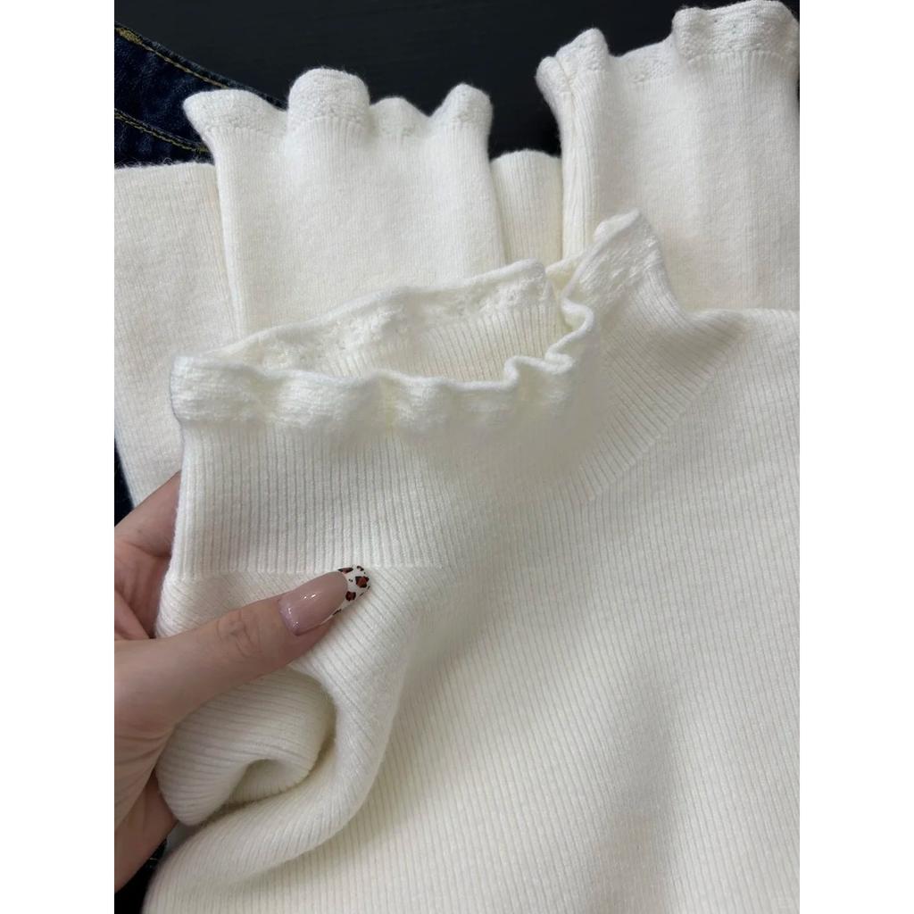 Lace semi-turtleneck fungus edge knitted sweater women's autumn and winter versatile slim-fitting long-sleeved bottoming shirt