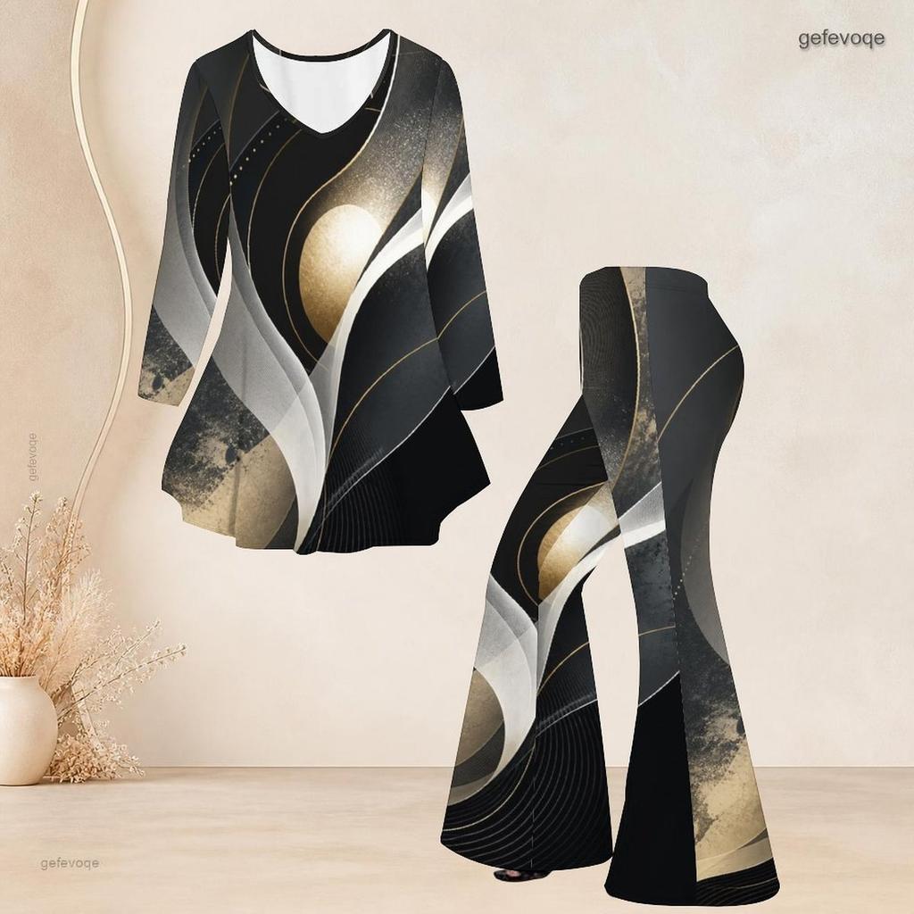 Women Plus Size V Neck Three Quarter Sleeve Printed Flared Top And Flared Pants Two Piece Set