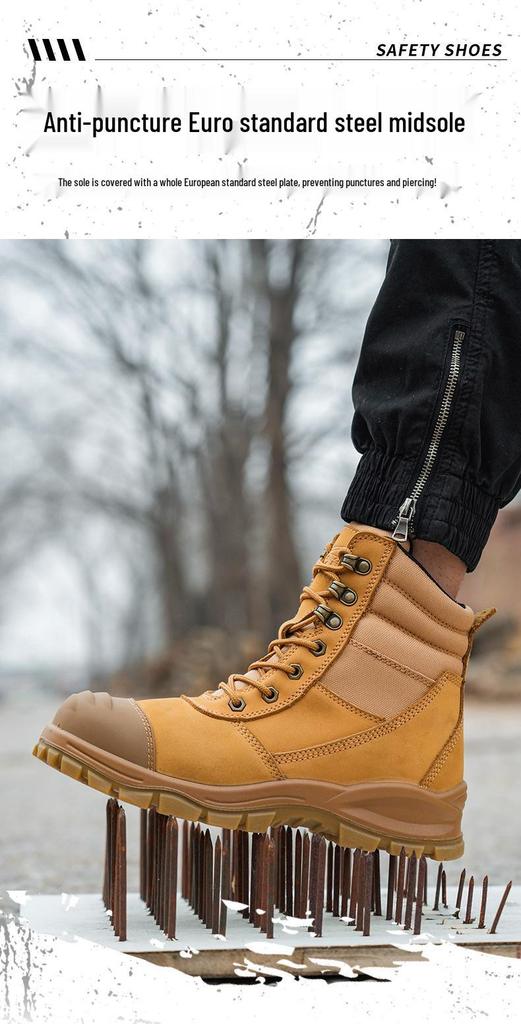 Men's High-Top Wheat Safety Shoes: European Standard, Anti-Smash, Anti-Pierce, Wear-Resistant, Durable Leather with Zipper Style.