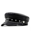 European and American Street Hipster Pu Leather Octagonal Hat Women's Autumn and Winter Retro Personality Chain Navy Hat Versatile Cap