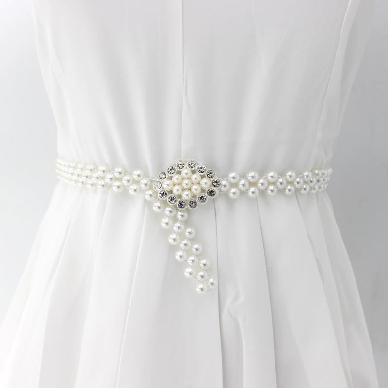 Korean Version of Women's Rhinestone Pearl Waist Chain Fashion Dress Decorative Elastic Waist Belt Women's Sweet Flower Elastic Waist Seal