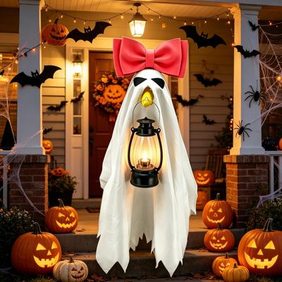 Halloween 23inch Ghost Porch Goose Costume With Bowknot LED Lantern, Scary Halloween Ghost Costume For Lawn Goose Statue Yard Decoration