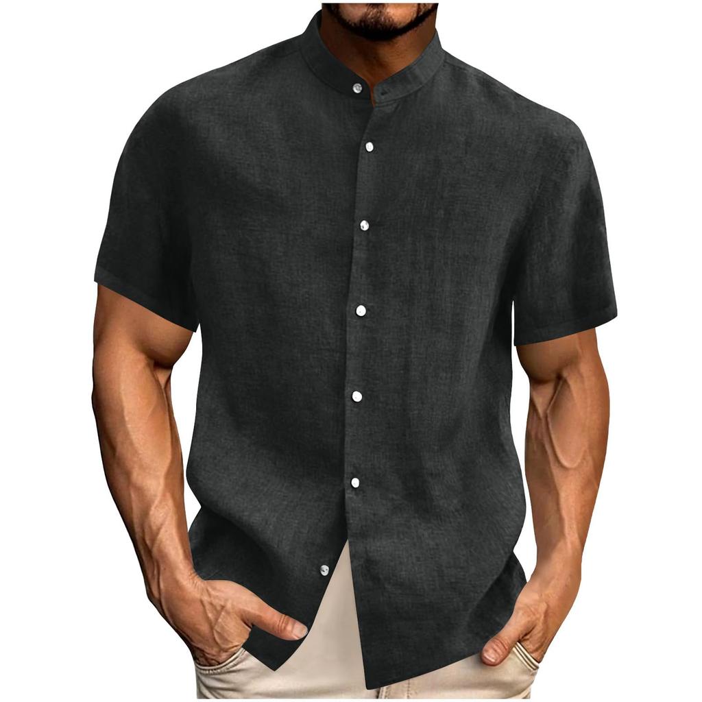 Top Casual Uomo alla Moda Colore Girocollo Manica Corta Bottoni Ampio Cotone e Lino