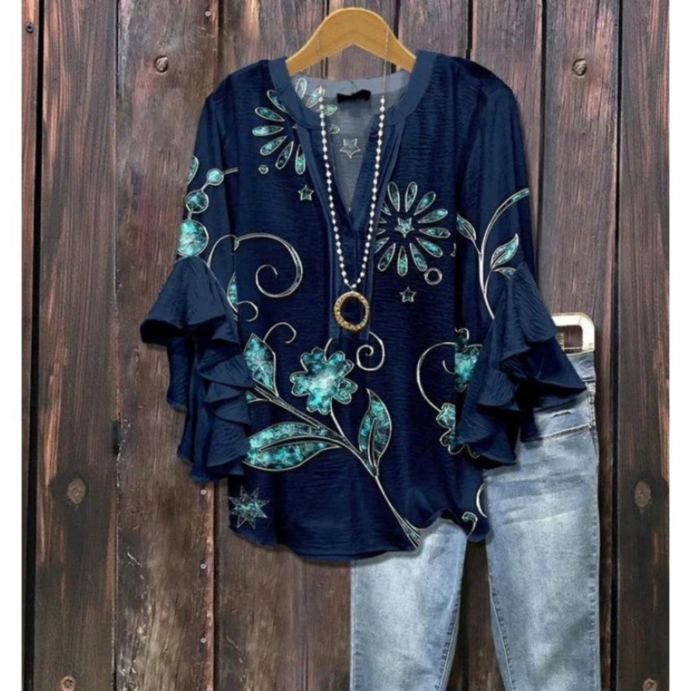 Large Women's Bohemian V-neck Shirt with Ruffle Sleeves, Grey Brown Floral Print Top, Casual Breathable Machine Washable Pullover