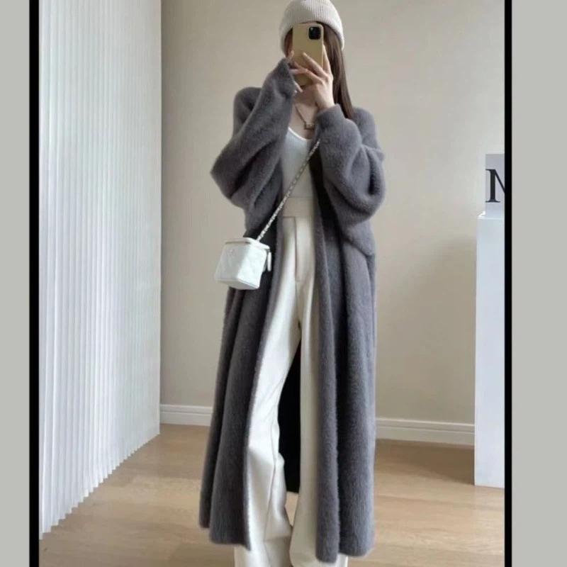 Women's Imitation Mink Long Knee-length Sweater Cardigan Knitted Jacket
