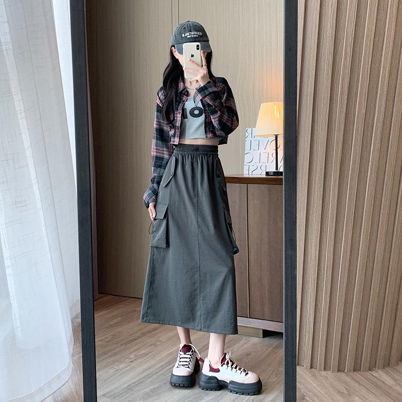Women's High Waist A-Line Midi Skirt - Retro Workwear with Slit & Drawstring for Petite Figures, Spring & Autumn.