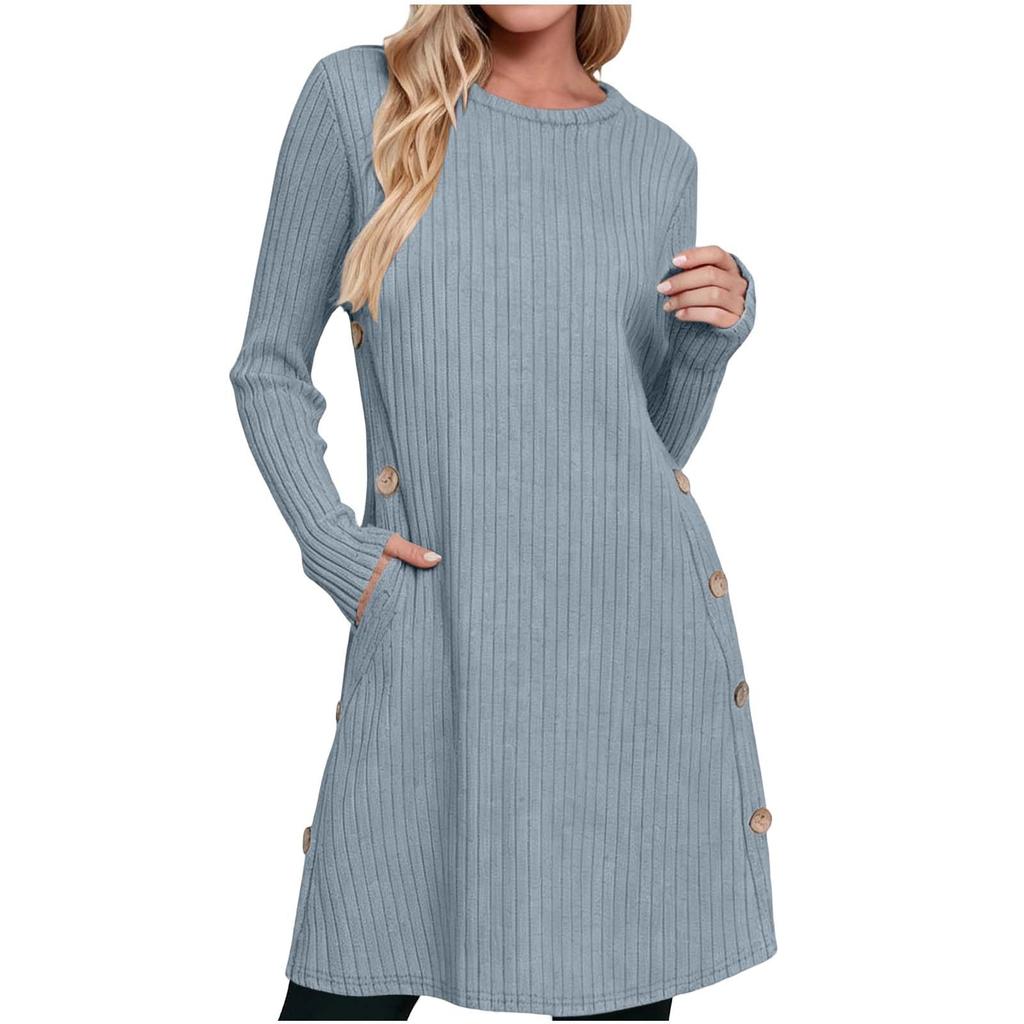 Women's Casual Midi Dress with Round Neck and Side Button for Everyday Wear