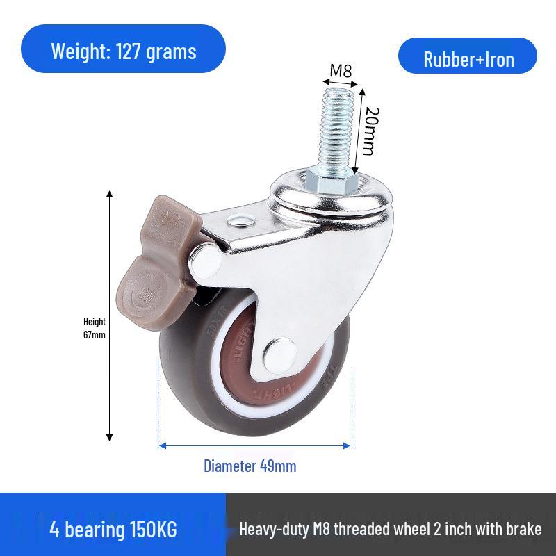 1.5" or 2" Heavy-Duty Silent Swivel Caster with Brake, Snap Ring, and Wear-Resistant Trolley Shelf Roller