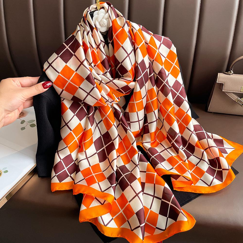 New silk scarf new silk satin printed shawl holiday fashion sunscreen long section simulation silk scarf
