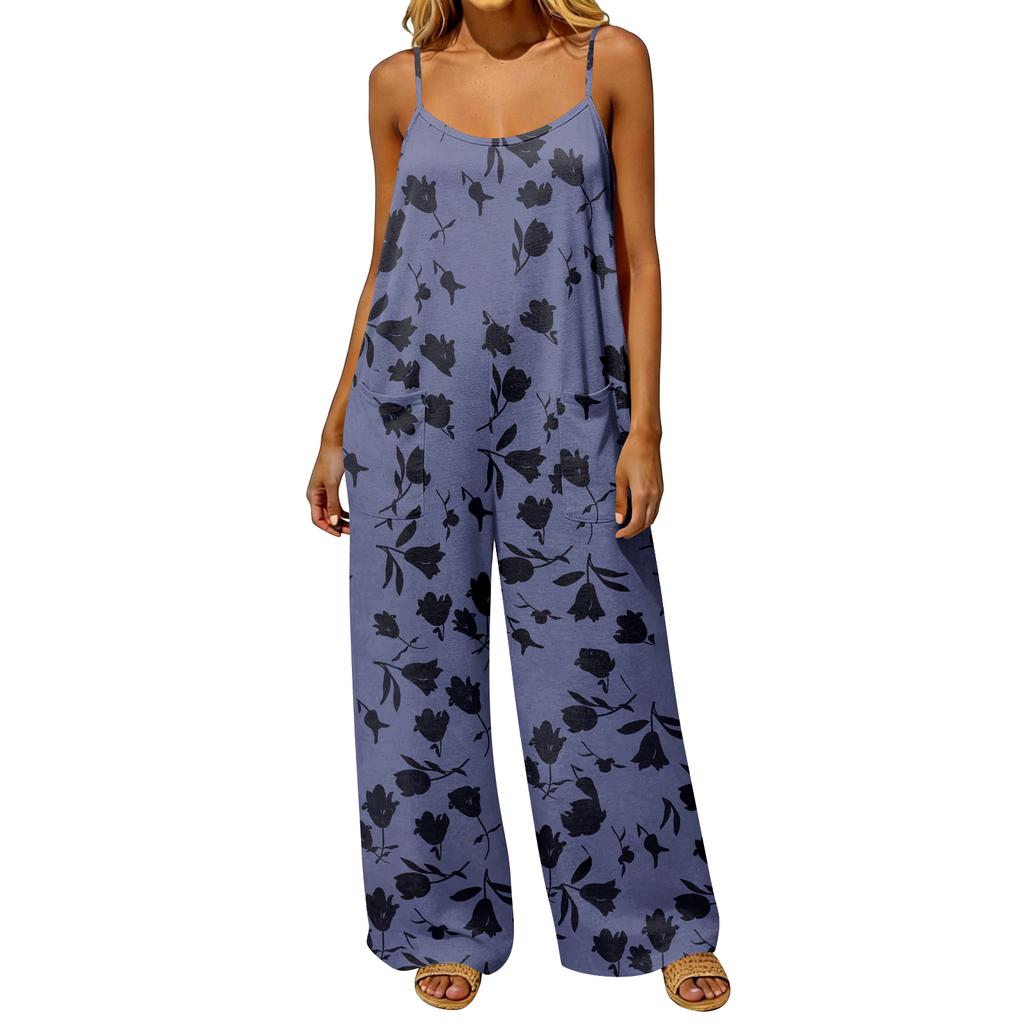 Damen Jumpsuit im Vintage-Stil, lockere Passform, ärmellos, baumwollähnlicher Stoff, Blumendruck, Latzhose mit weitem Bein und Taschen, rückenfreies Design