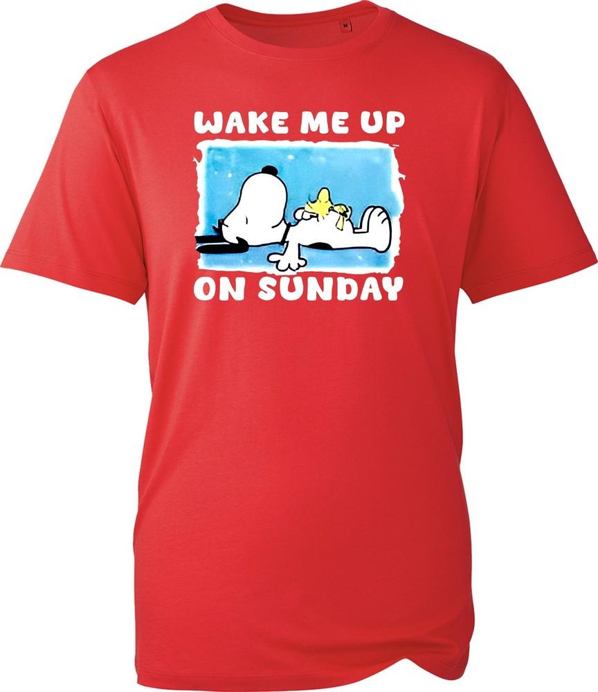 Snoopy Wake Me Up On Sunday Tshirt Woodstock Peanuts Unisex Black Graphic Tee S
