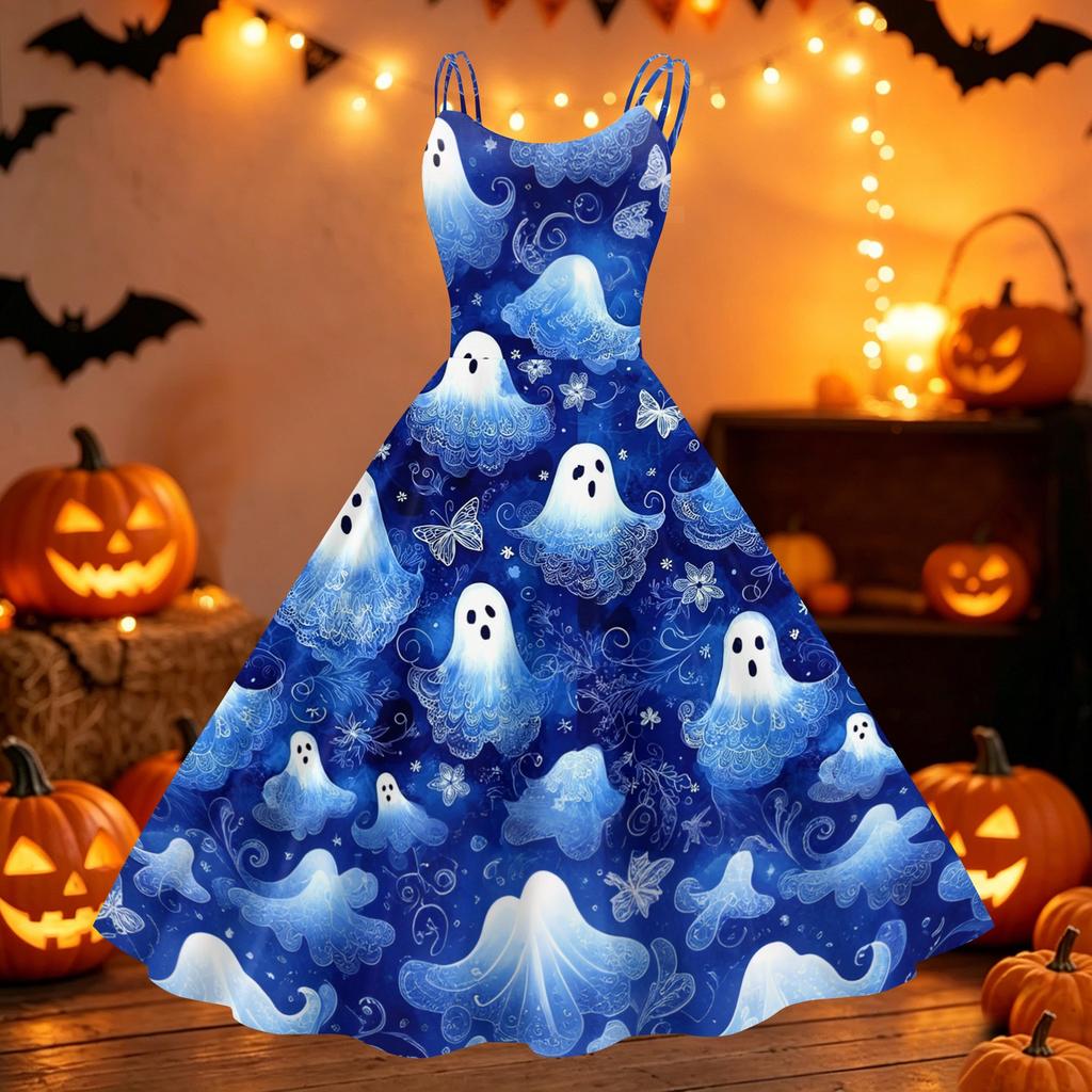 Women's Halloween Print Off Shoulder Dress Vintage Punk Style Sleeveless Spaghetti Strap Swing Dress with Flared Skirt for Party