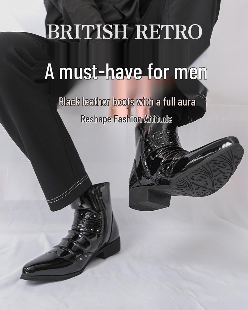Men's Autumn Shiny Pointed Toe High-Top Chelsea Leather Boots - British Style, Formal or Casual.