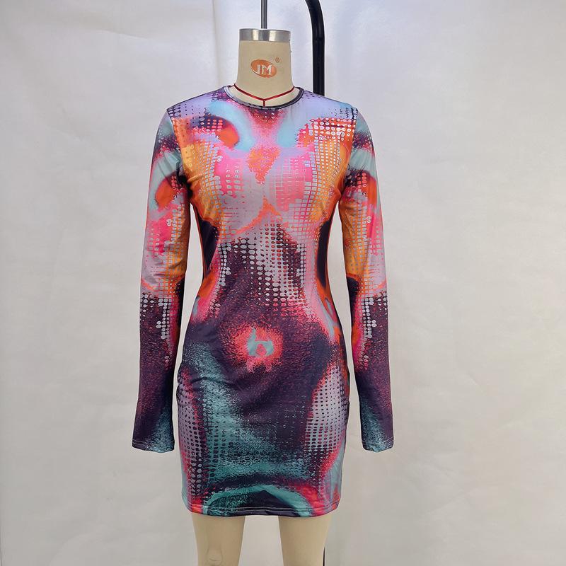 2023 Autumn/Winter Printed Round Neck Long-Sleeve Hip Skirt Dress for Children