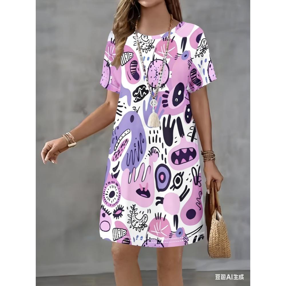 Mini-Kleid mit Rundhalsausschnitt ist für den Sommer und alle Jahreszeiten geeignet.. Es hat einen lockeren Schnitt.