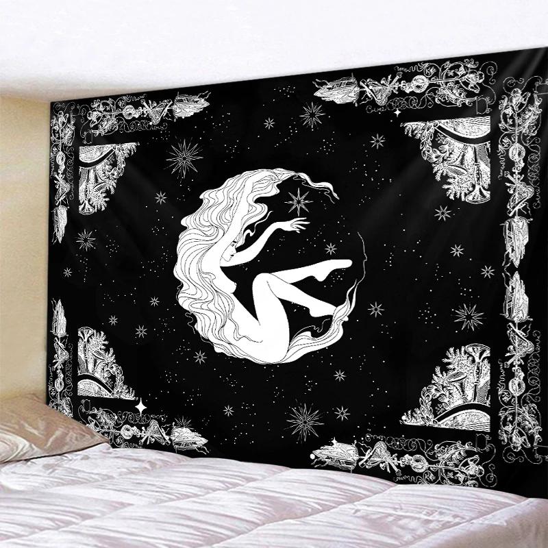 VIKAMA Black and White Sun and Moon Tapestry Mysterious Mandala Wall Hanging Meditation Room psychedelic Witchcraft Decoration