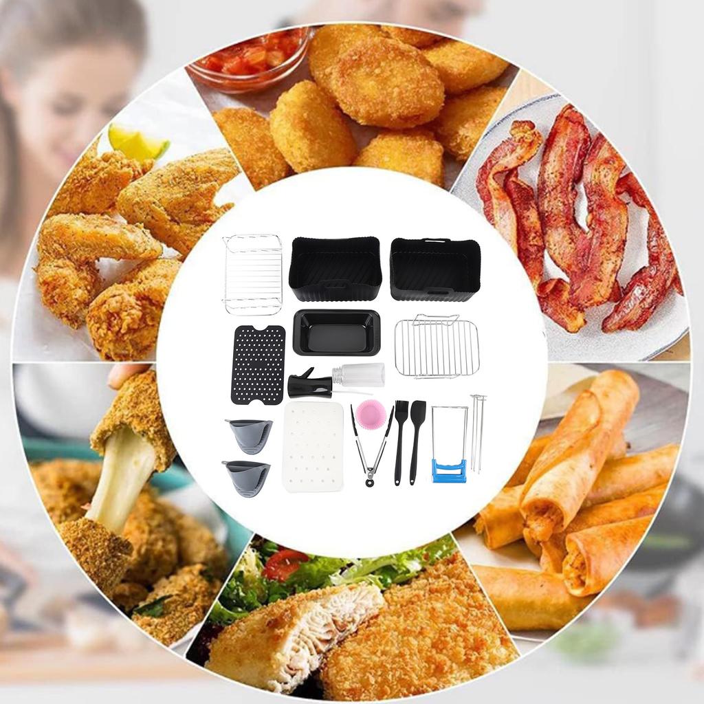 Fryer Accessories Set Grill Rack with Skewer Liners Silicone Brush Food Tong Fryer Cake Pan Stainless Steel Pan Easy To Clean