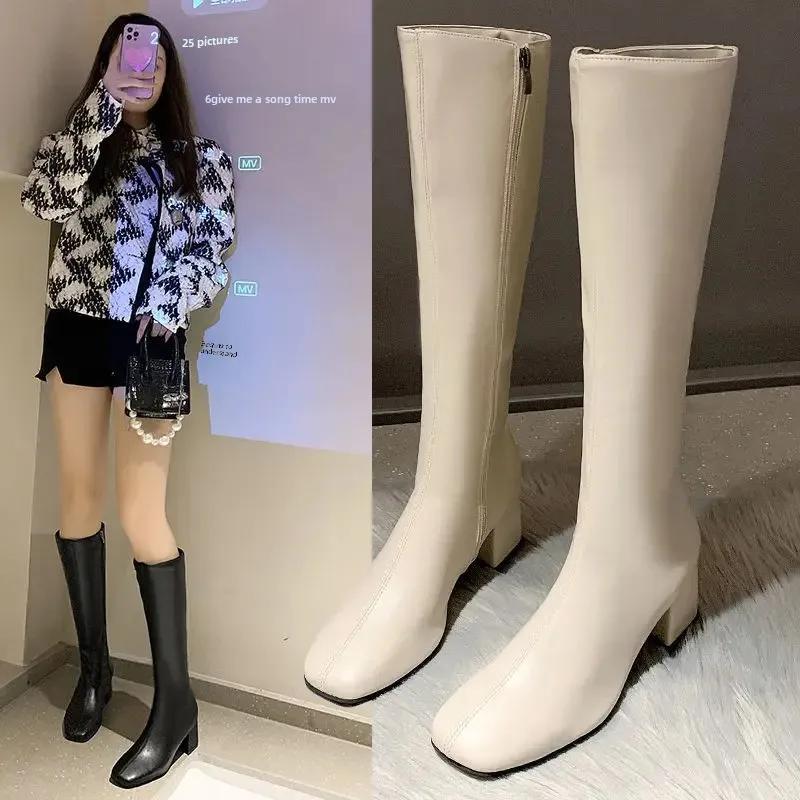 Long boots for women 2026 new soft leather thick heel high leg boots autumn and winter British style high-heeled knight boots