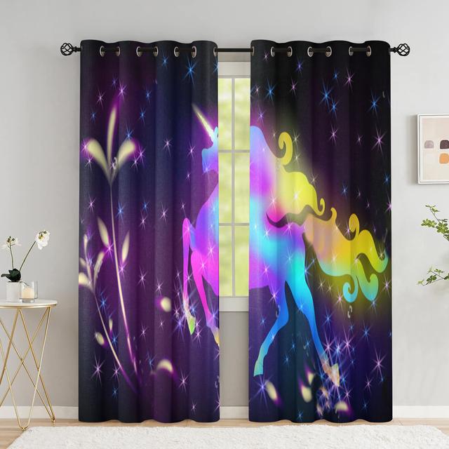 

Шторы с летающим единорогом для гостиной, волшебный замок, детская комната, шторы для мальчика, радужное небо со звездами, оконная занавеска с высоким затенением W53.5 X H114cm X 2