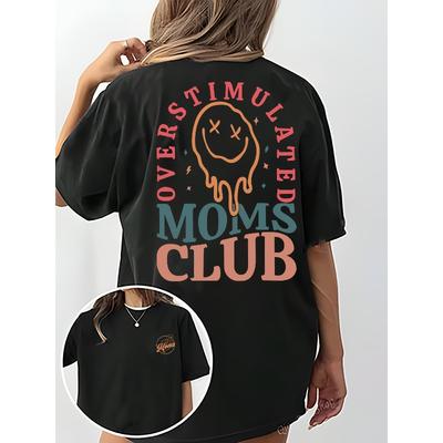 Women's Overstimulated Moms Graphic T-Shirt Black Pink Blue Lettering Casual Short Sleeve Tee
