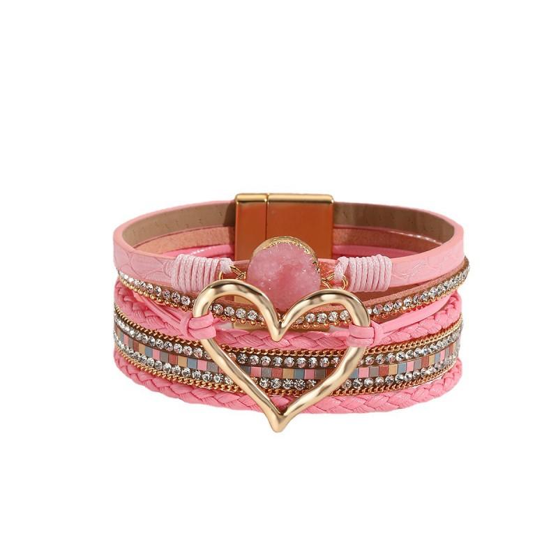 Boho Layered Leather Wrap Bracelet With Natural Stone Heart Charm Women
