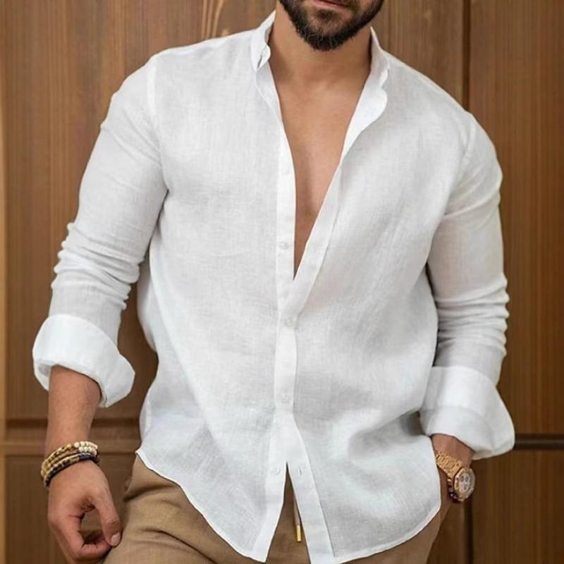 Men Solid Color Casual Long Sleeve Cotton Linen Shirt S белый