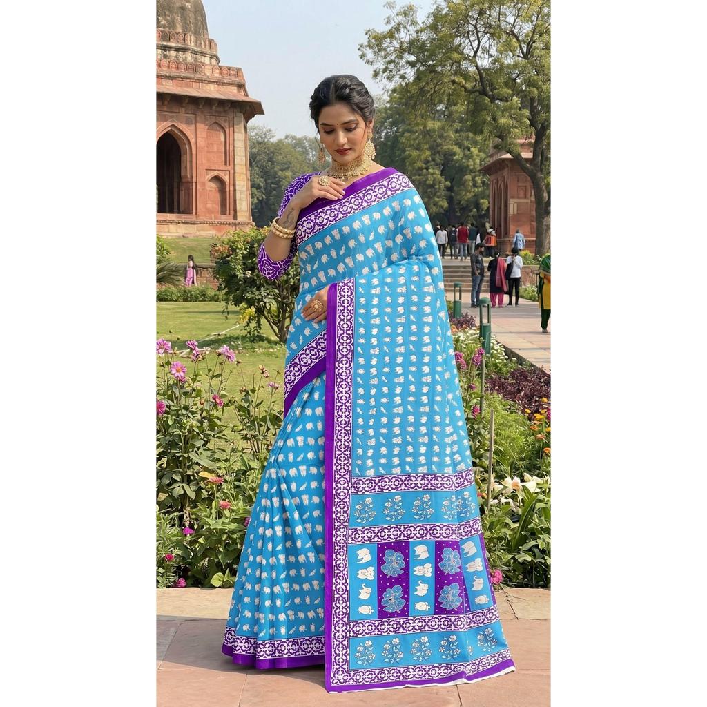 New Launch Beautiful Bagru Printed Saree with Blouse