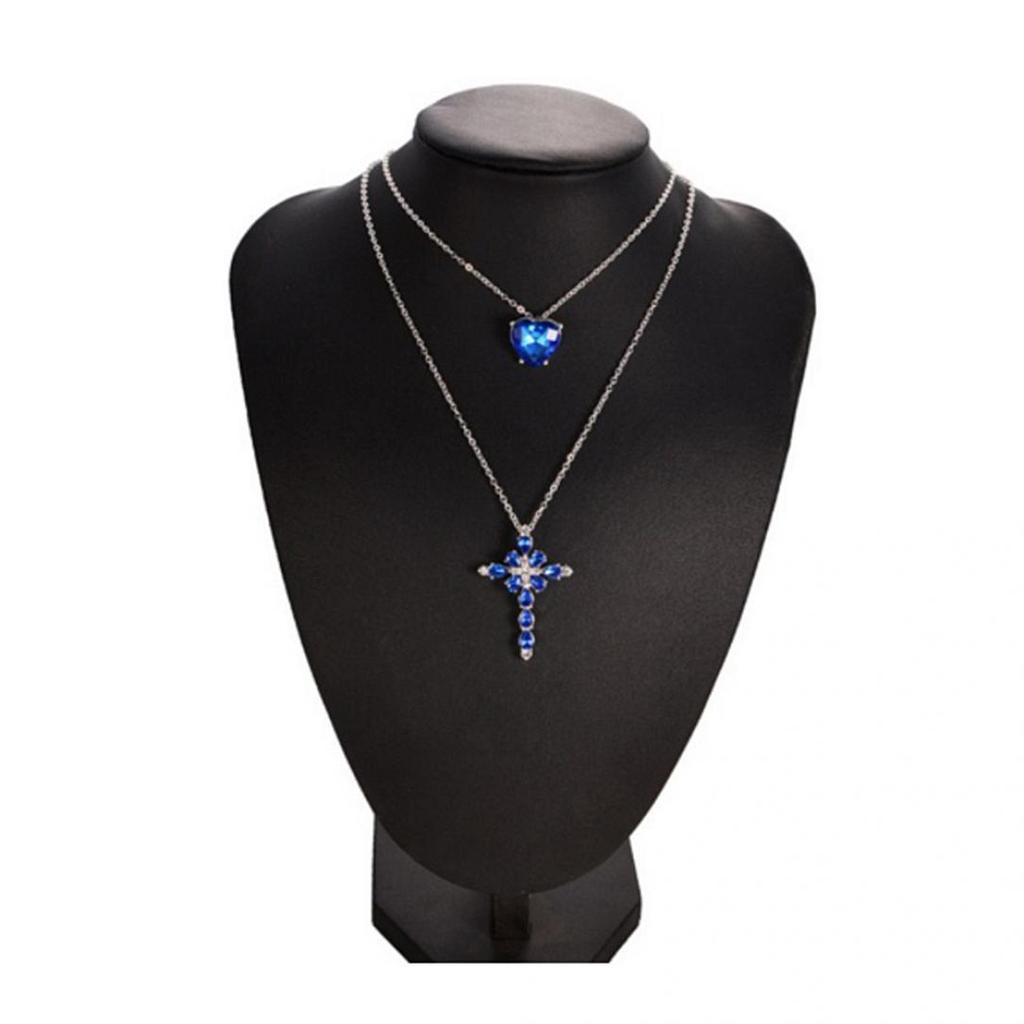 Women Two Layer Cross Heart Full Rhinestones Pendant Necklace Chain Jewelry Gift
