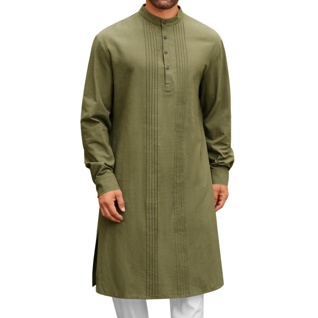 Mens Kaftan Thobe Button Down Casual Shirts Long Sleeve Robe Cotton Linen Muslim Gown Shirt