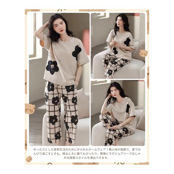 [Yasasee] Women's Pajamas, Thin, Room Wear, Women's, Plain, Summer, Spring, Autumn, Short Sleeve, Round Neck, Loose, Skin-friendly, Top and Bottom