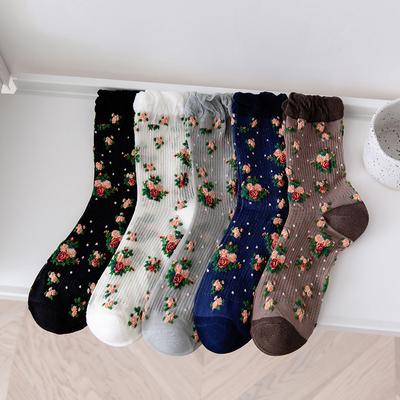 Harajuku Retro Woman Socks Vintage Ethnic Floral Print Japanese Kawaii Cute Socks Women Summer Mesh Thin Silk Lace Ruffle Socks