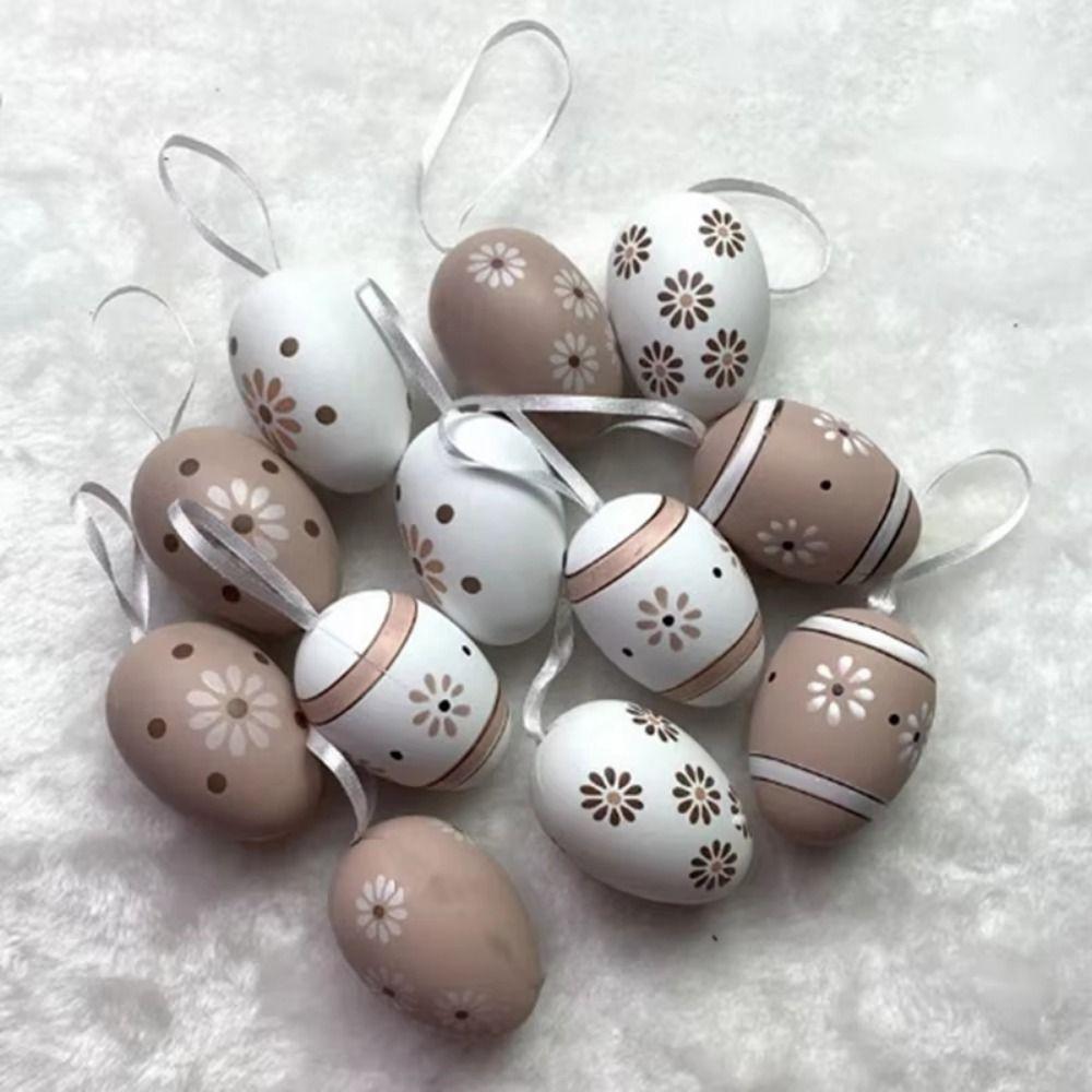 12Pcs/Set Easter Egg Easter Hand Painted Egg Cartoon Artificial Egg Pendant  Party Decoration