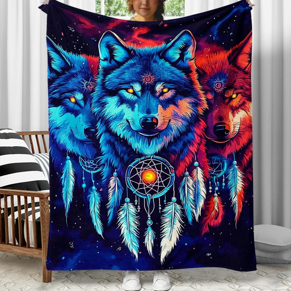 Tri Wolf Dreamcatcher Psychedelic Fleece Blanket Native American Spirit Animal Design Soft Flannel Throw 75X95CM