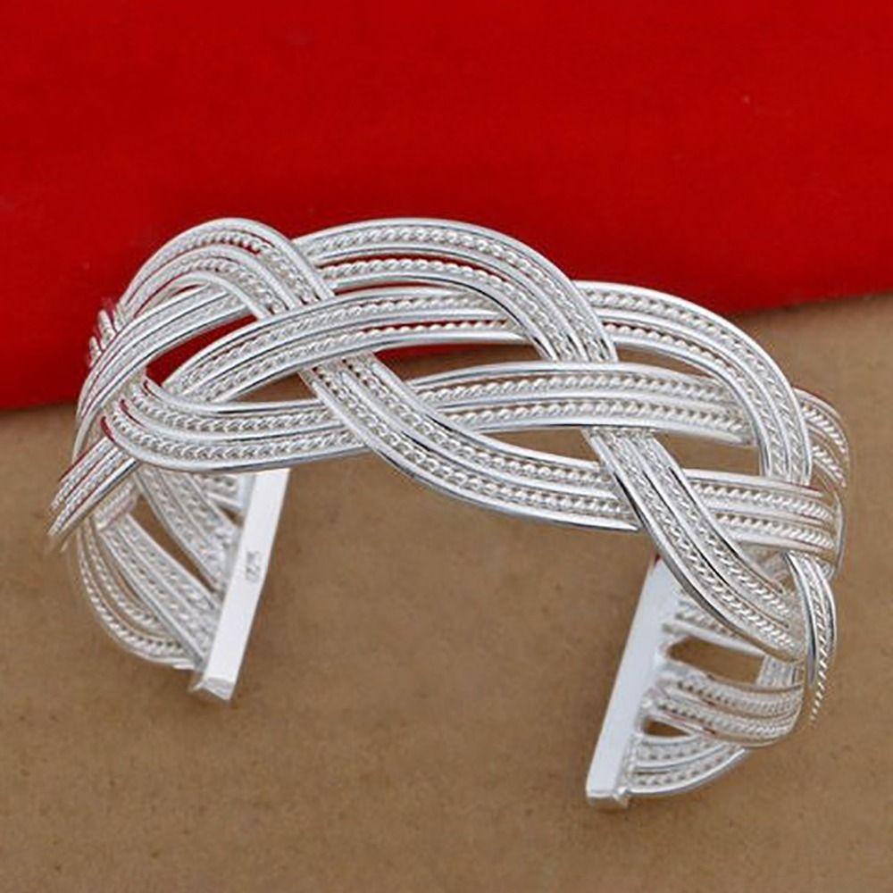 Resizable Wide Open Bangle Silver Woven Bracelet Unique Hollow Charm Bracelet  Gift