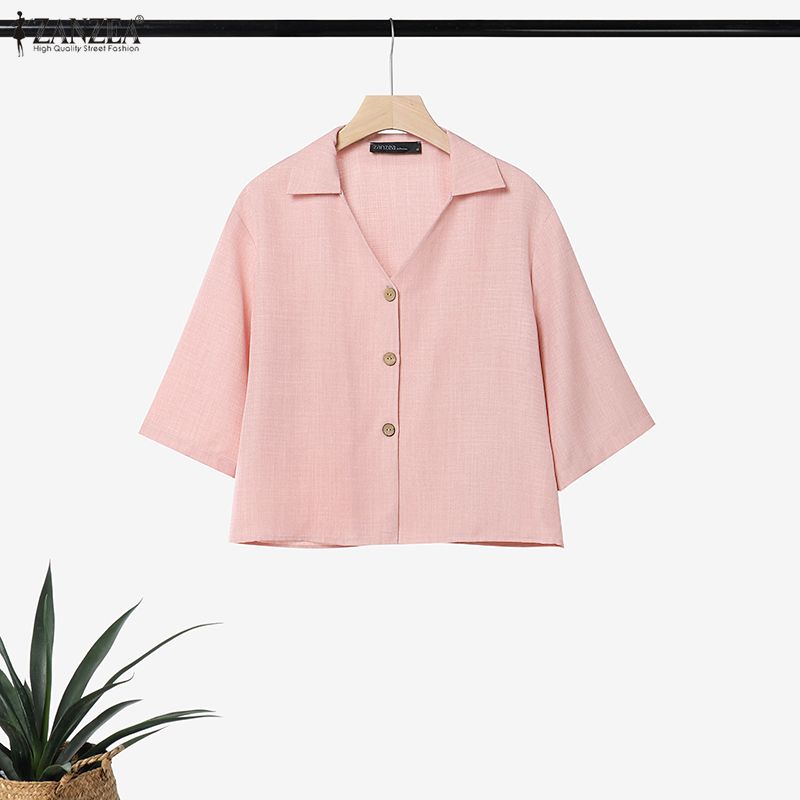 ZANZEA Women Casual Two Piece Set 3/4 Sleeve Button Up Shirt and Wide Leg Long Pants Loose Matching Outfits