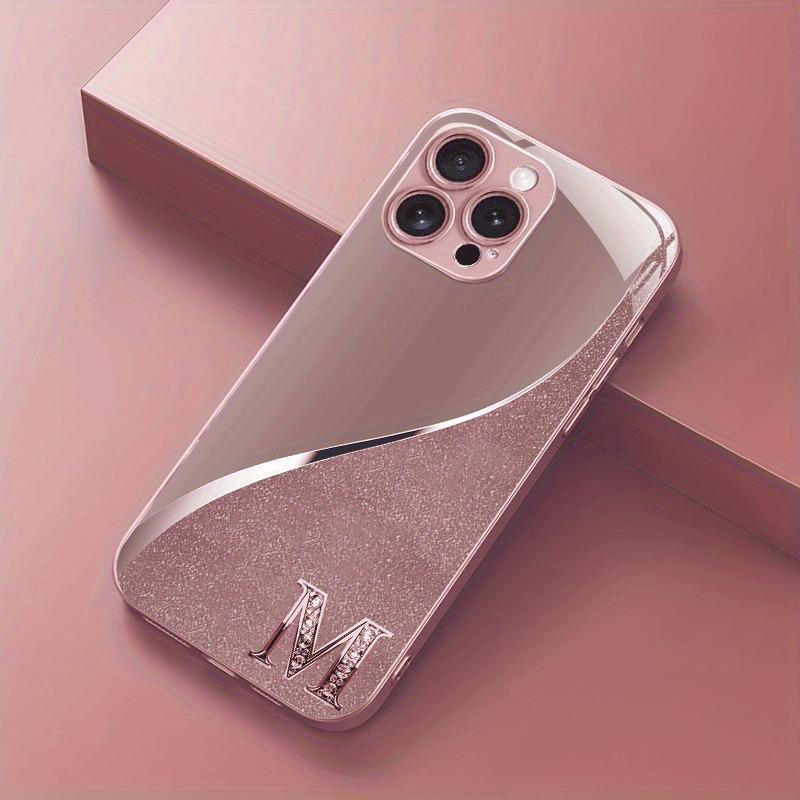 Pink Diamond Letter Pattern Pink Metallic Paint Glass Phone Case For iPhone 17Air 16 15 17 Pro Max 11 12 13 14 Plus 16E Cover