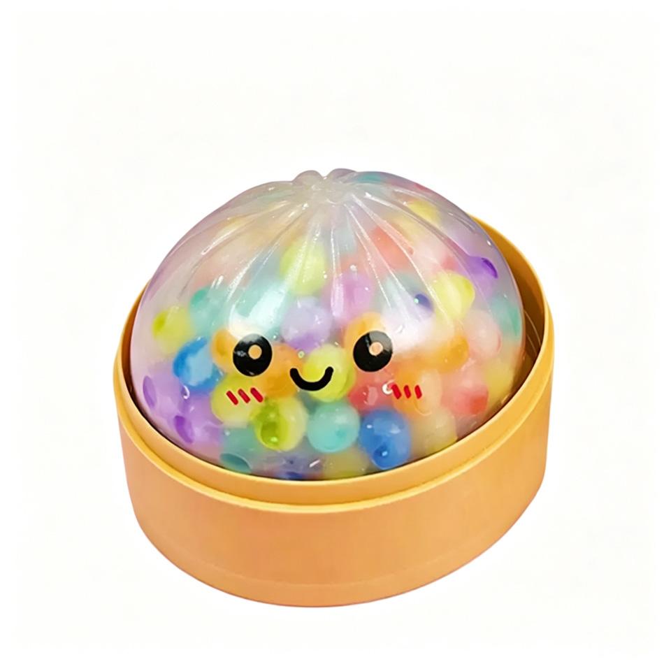 Regenboog Dumpling Squishy met Kralen Sensorisch Knijpspeeltje voor Stressverlichting met Bamboe Stoommandje Grappig Cadeau beige