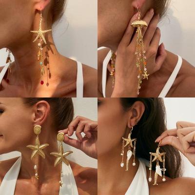 Ingemark Summer Boho Beach Conch Imitation Pearl Drop Earrings For Women Trendy Long Tassel Piercing Drop Earrings Y2K Jewelry