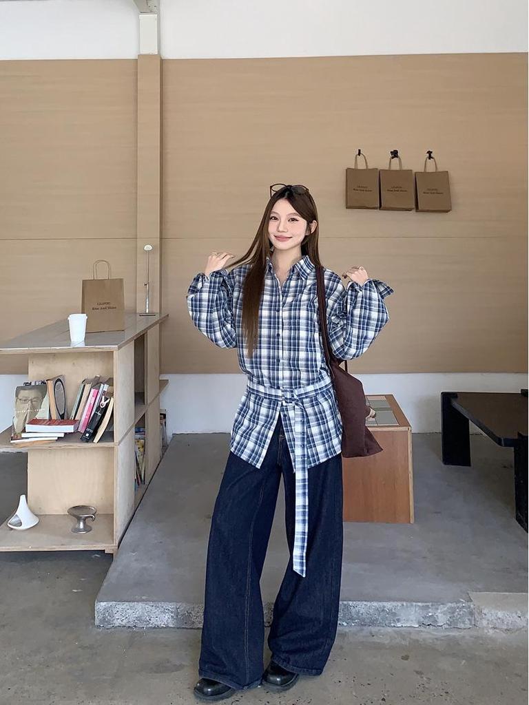 Women's Retro Korean Blue Plaid Tie-Waist Shirt - Long-Sleeve Top for Spring/Autumn 2026