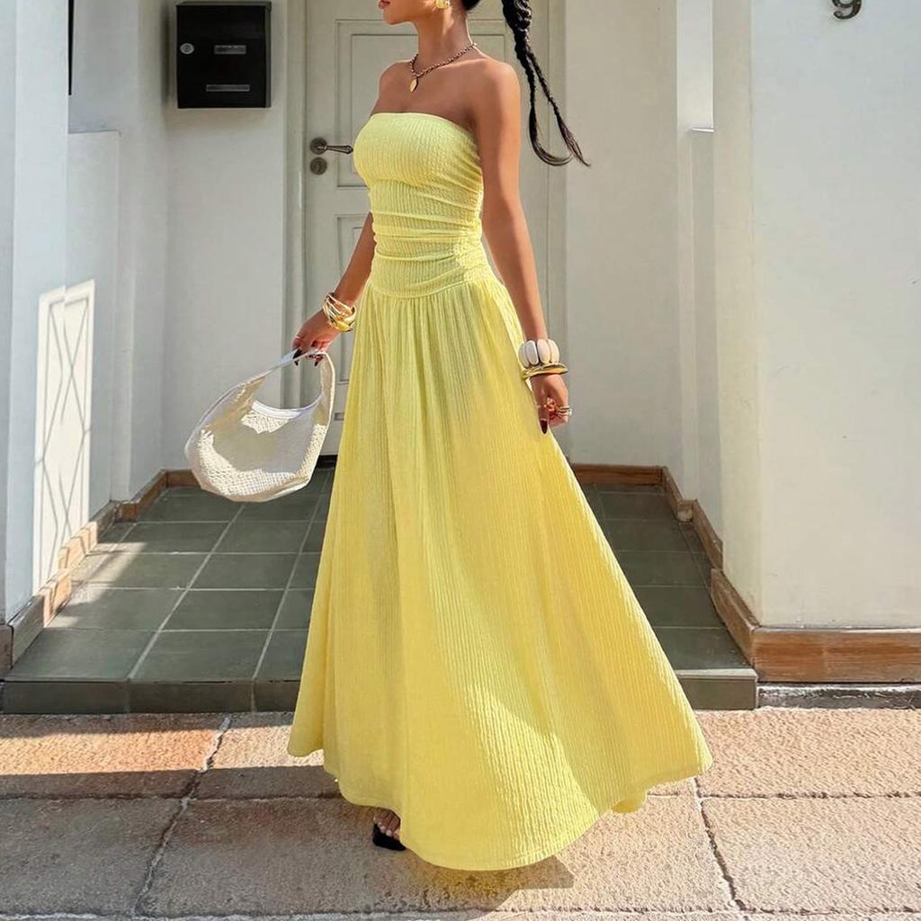 Women Sleeveless Strapless Tube Top Maxi Dress Casual Fitted Elegant Ruched Bodice Flowy Long Dress for Summer Party Vacation