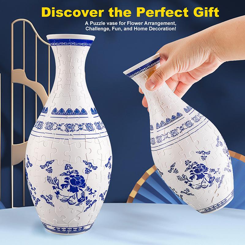 Vaso de quebra-cabeça 3D DIY Montagem Azul e Branco Porcelana Design Plástico Decoração para casa e arranjo de flores Brinquedos para crianças Presentes