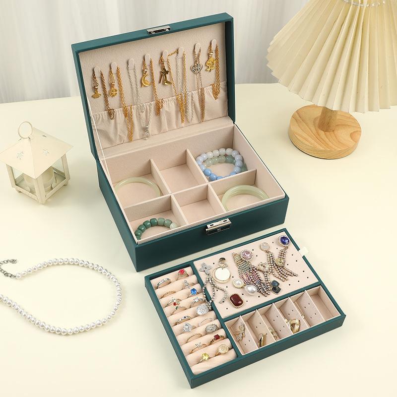 High-end Leather Double-layer Jewelry Box Necklace Ring Jewelry Stud Earrings Display Jewelry Storage Box with Lock