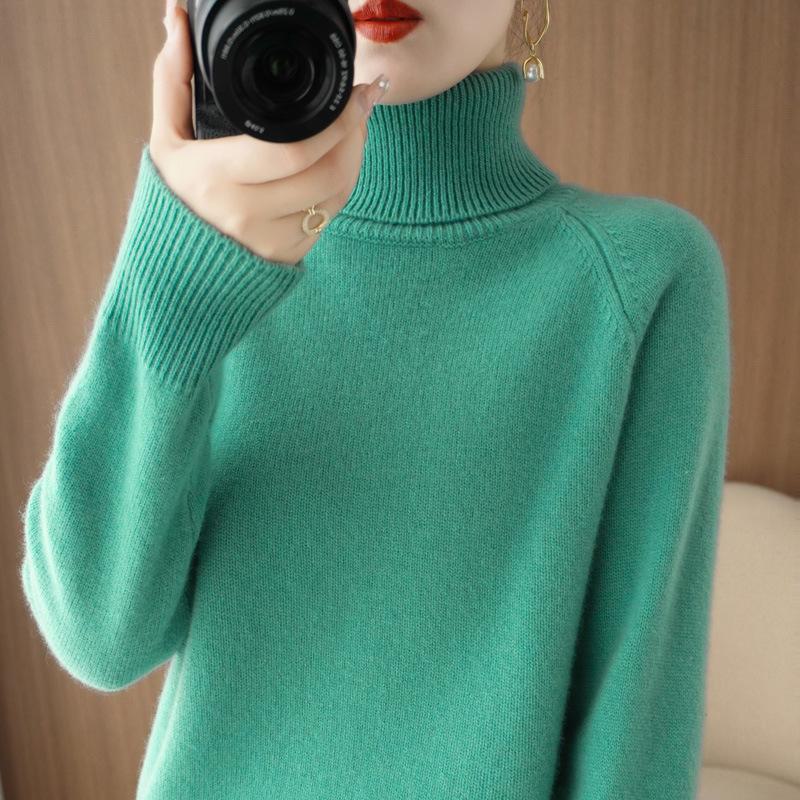 

Жіночий в язаний светр з високим горлом реглан - базовий шар осені та зими XL озеро зелений колір