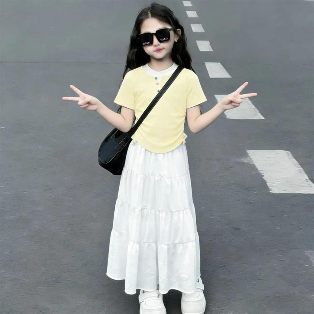 Girls' Summer Patchwork Short-Sleeve Skirt Set - Korean Casual Sweet Two-Piece Cake Skirt