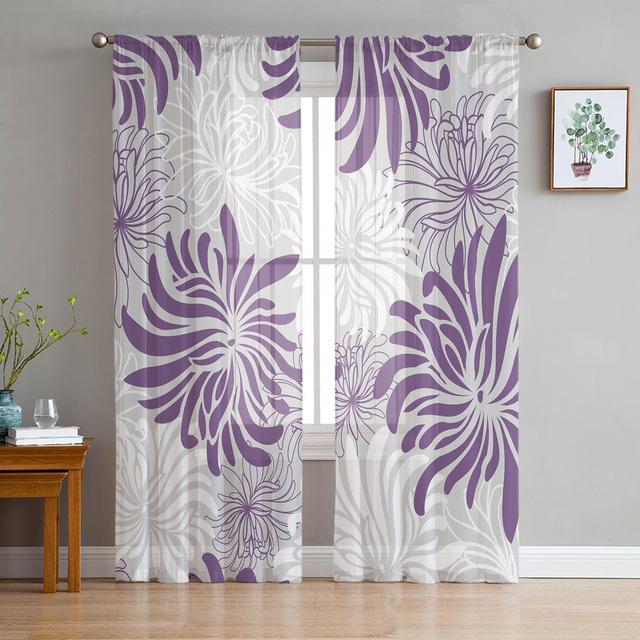 Perdele din tul floral retro cu textura de crizantema gri Perdele pentru usa de bucatarie din sifon perdele din voal transparent pentru sufragerie dormitor