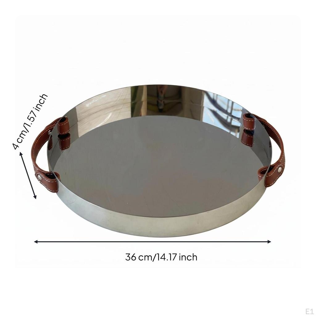 Leather Handled Tray Stainless Steel Mirrored Shallow Rimed Serving Platter for Tabletop