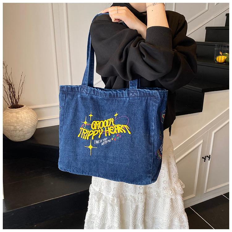 New Japanese Style Denim Tote Bag for Women Large Capacity School Commute Shoulder Handbag Casual Denim Purse