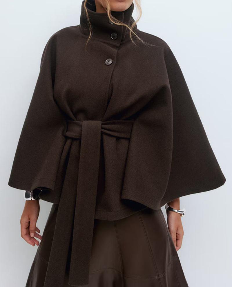 2025 Women's Solid Color Cape Trench Coat with Stand Collar and Belt for Autumn and Winter