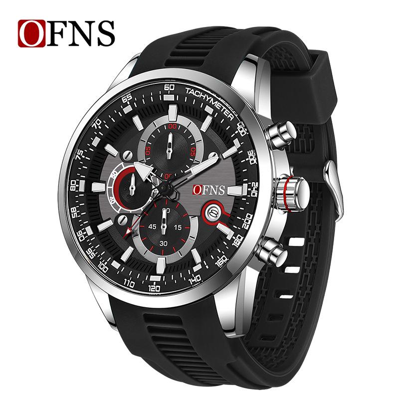 OFNS Business Men's Quartz Watch: Fashionable, Three Sub-Dials, Six Hands, Calendar, Waterproof.